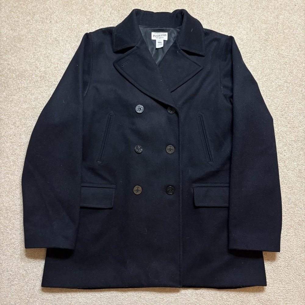 Vtg Pendleton Pea Coat Mens Large Tall LT Black Wool Double Breasted Naval 90s